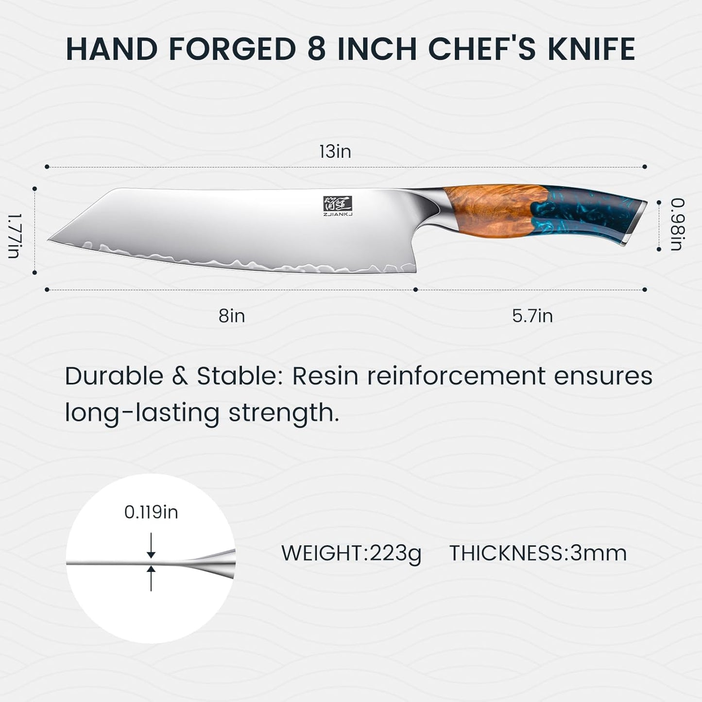 Chef Knife, 8-inch Hand Forged Professional Kitchen Knife with Japanese 10Cr15MoV Stainless Steel Gyuto Knife with Blue Ergonomic Handle, Razor-Sharp Cooking Knife in Gift Box