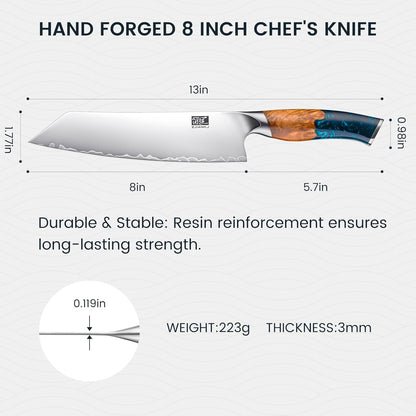 Chef Knife, 8-inch Hand Forged Professional Kitchen Knife with Japanese 10Cr15MoV Stainless Steel Gyuto Knife with Blue Ergonomic Handle, Razor-Sharp Cooking Knife in Gift Box