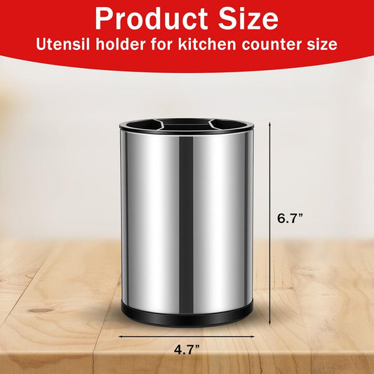 2 Pack 360° Rotating Stainless Steel Utensil Holder for Countertop, 4-Compartment Kitchen Organizer with Non-Slip Base, Large Capacity Spoon Fork Knife Crock for Cooking Tools Storage