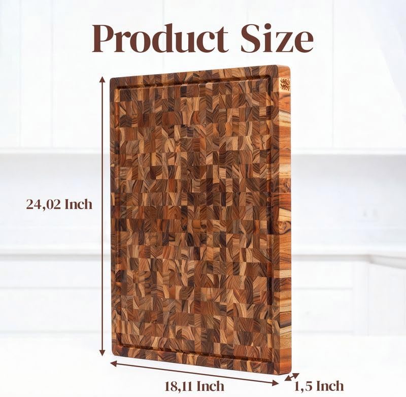 Premium End Grain Teak Cutting Board 12" x 8" x 1" with Handle & Juice Groove, Medium Thick Solid Non-toxic Wood Butcher Block for Meat, Fruit, Cheese & Kitchen Prep by New M Way