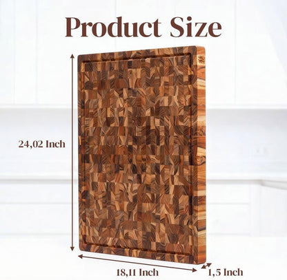 Premium End Grain Teak Cutting Board 12" x 8" x 1" with Handle & Juice Groove, Medium Thick Solid Non-toxic Wood Butcher Block for Meat, Fruit, Cheese & Kitchen Prep by New M Way