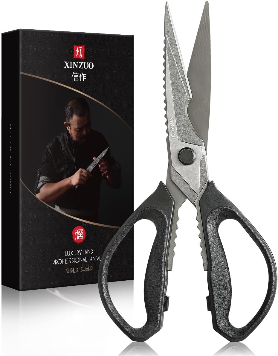XINZUO Sandvik 14C28N Stainless Steel Multi-Purpose Kitchen Shear,Heavy Duty Kitchen Food Scissors For (Meat/Herbs/Poultry),With Silver Aluminum Alloy Handle