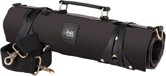 KYOKU Chef Knife Roll Bag, Kitchen Knife and Utensil Holder with 10 Slots 3 Cutlery Holders for Chef Knife Set, Oiled Leather and Waxed Canvas Knife Roll Up Travel Bag with Adjustable Strap, Black