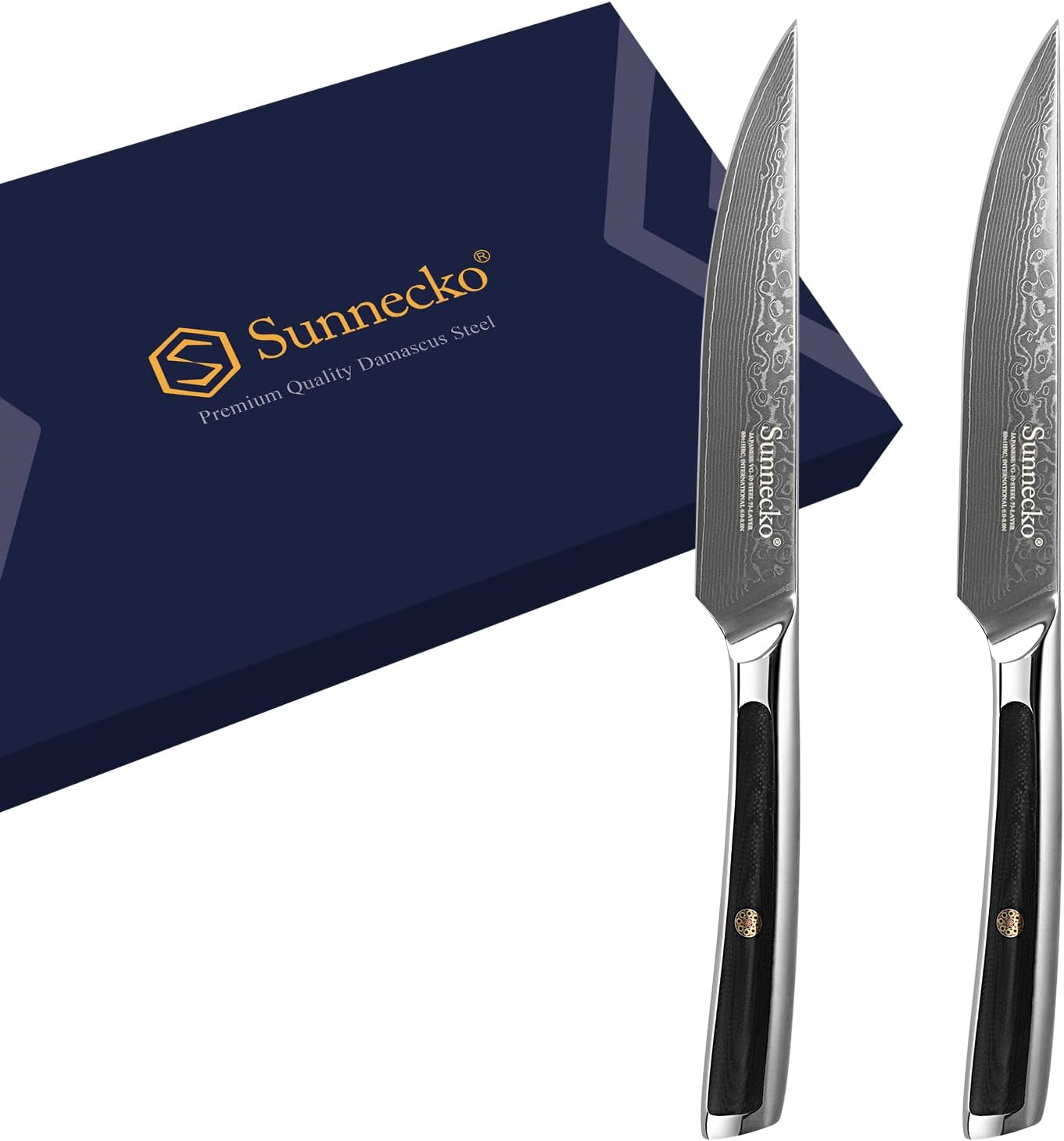 Sunnecko Damascus Steak Knife Set Non Serrated, Japanese VG10 Stainless Steel Steak Knife Set of 2, 5 Inch Steak Knives G10 Handle with Gift Box