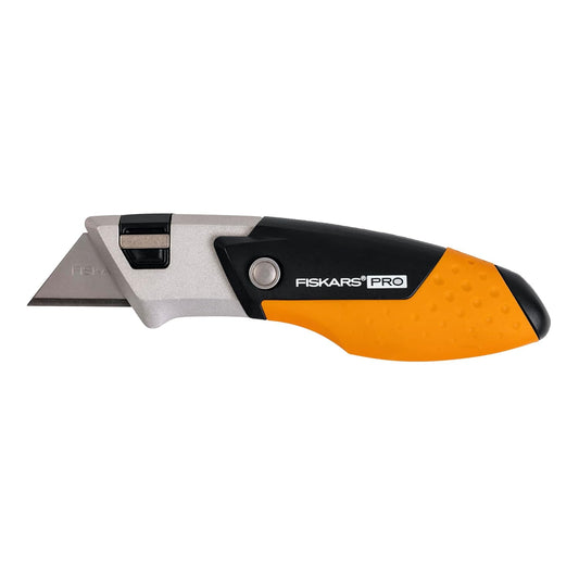 Fiskars Pro Retractable Folding Utility Knife, Box Cutter with Long-Lasting CarbonMax Razor Blade and Dual Lock Safety, Orange/Black