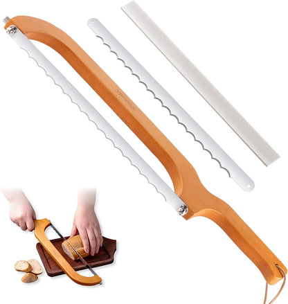 Sourdough bread knife,Bread slicer for homemade bread,Adjustable blade tightness for Even Slicing, Serrated knife,Wooden bread cutter with Bow Design (1, brown)