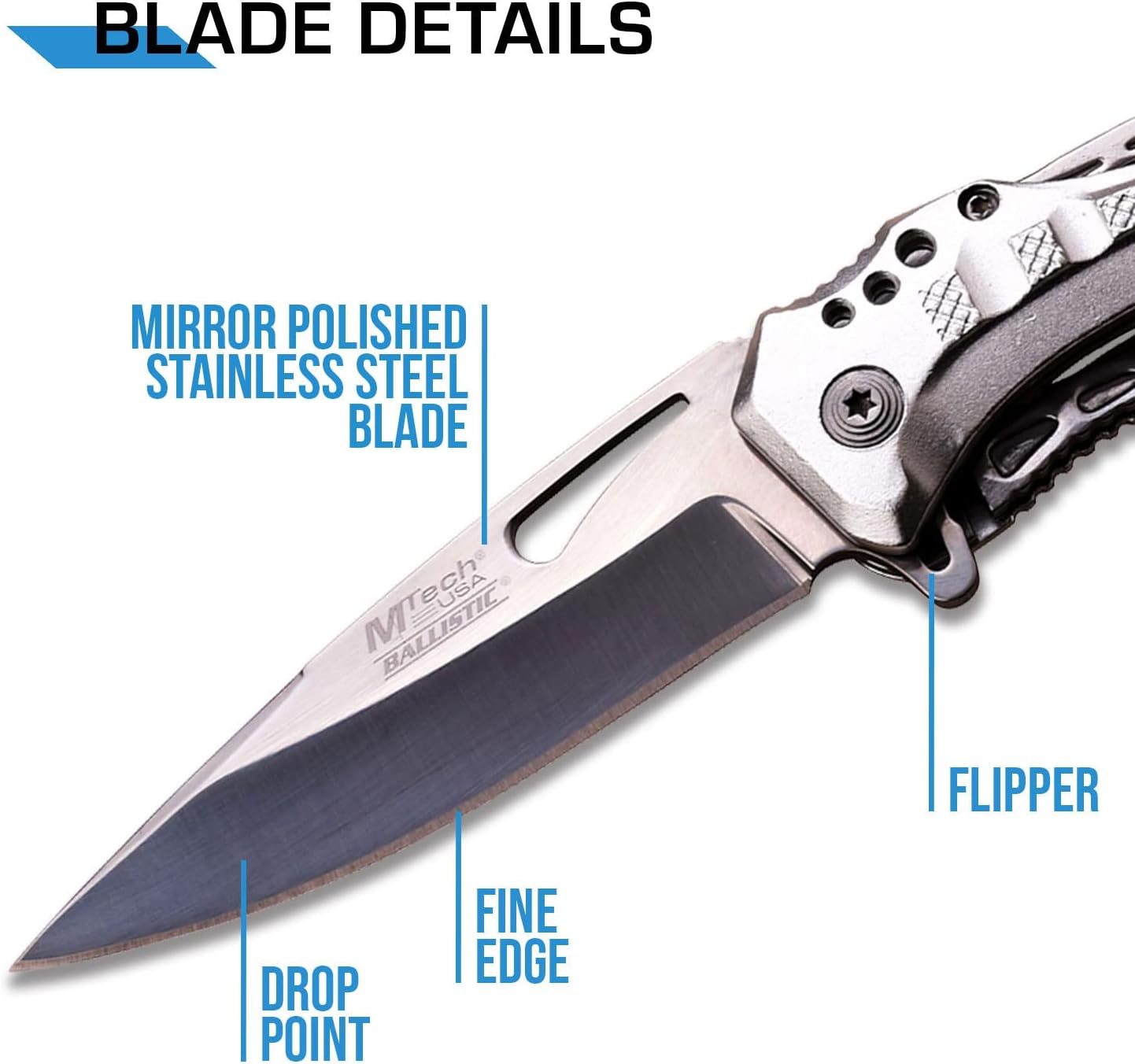 MTECH USA Folding Knife, 3.75-Inch Half-Serrated Blade, Titanium Coating, Glass Breaker, Pocket Clip