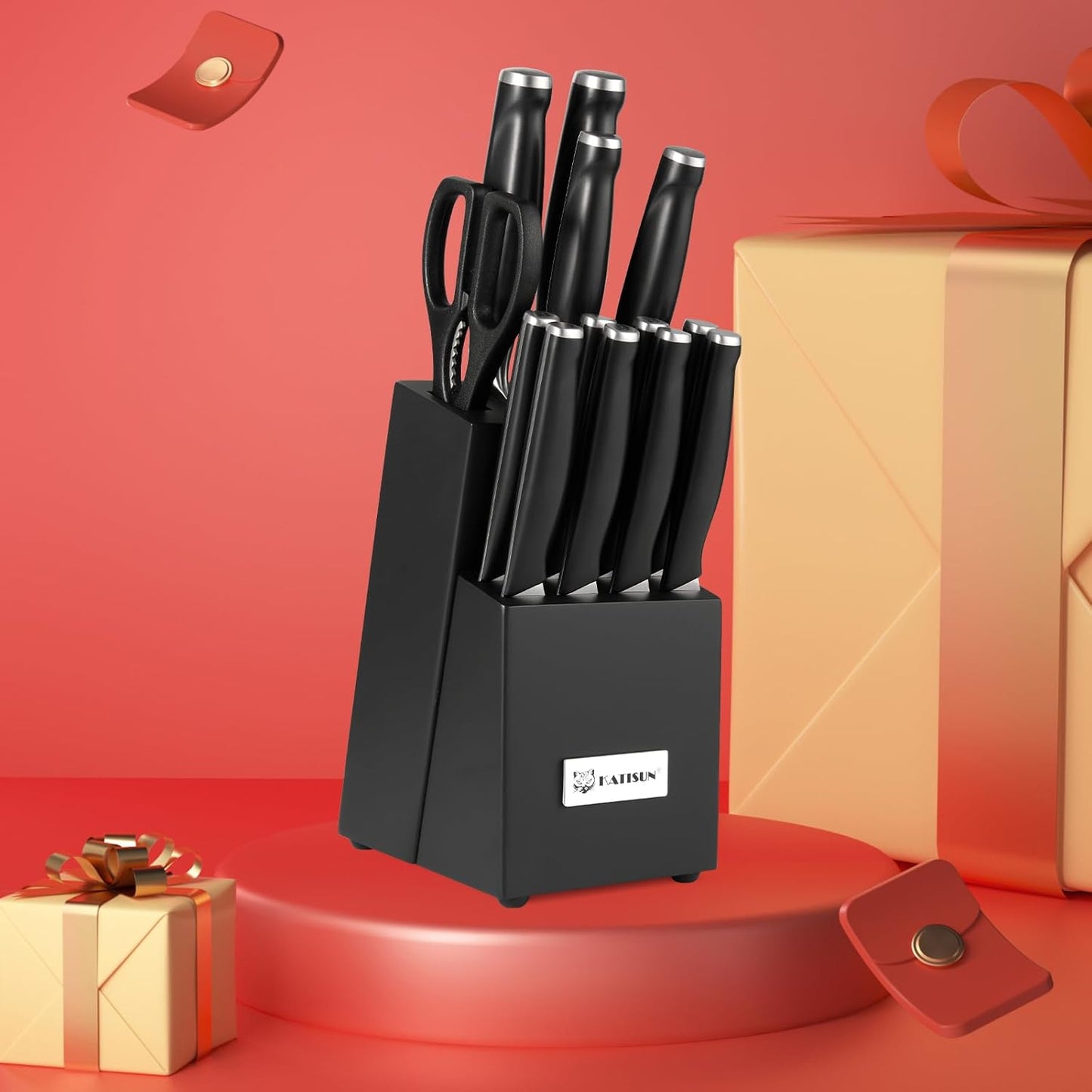 Kitchen Knife Set,14-Piece Knife Set With Block Wooden, Self Sharpening For Chef Knife Set, High Carbon German Stainless Steel Hammered Collection Knife Block Set, Dishwasher Safe Cutlery, Cream