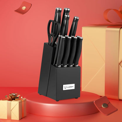 Kitchen Knife Set,14-Piece Knife Set With Block Wooden, Self Sharpening For Chef Knife Set, High Carbon German Stainless Steel Hammered Collection Knife Block Set, Dishwasher Safe Cutlery, Cream