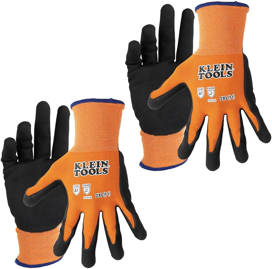 Klein Tools 60581 Work Gloves, Knit Dipped Cut Resistant ANSI A1 Nitrile Coated Gloves, Nylon-Spandex, Touchscreen Capable, Large, 2-Pair