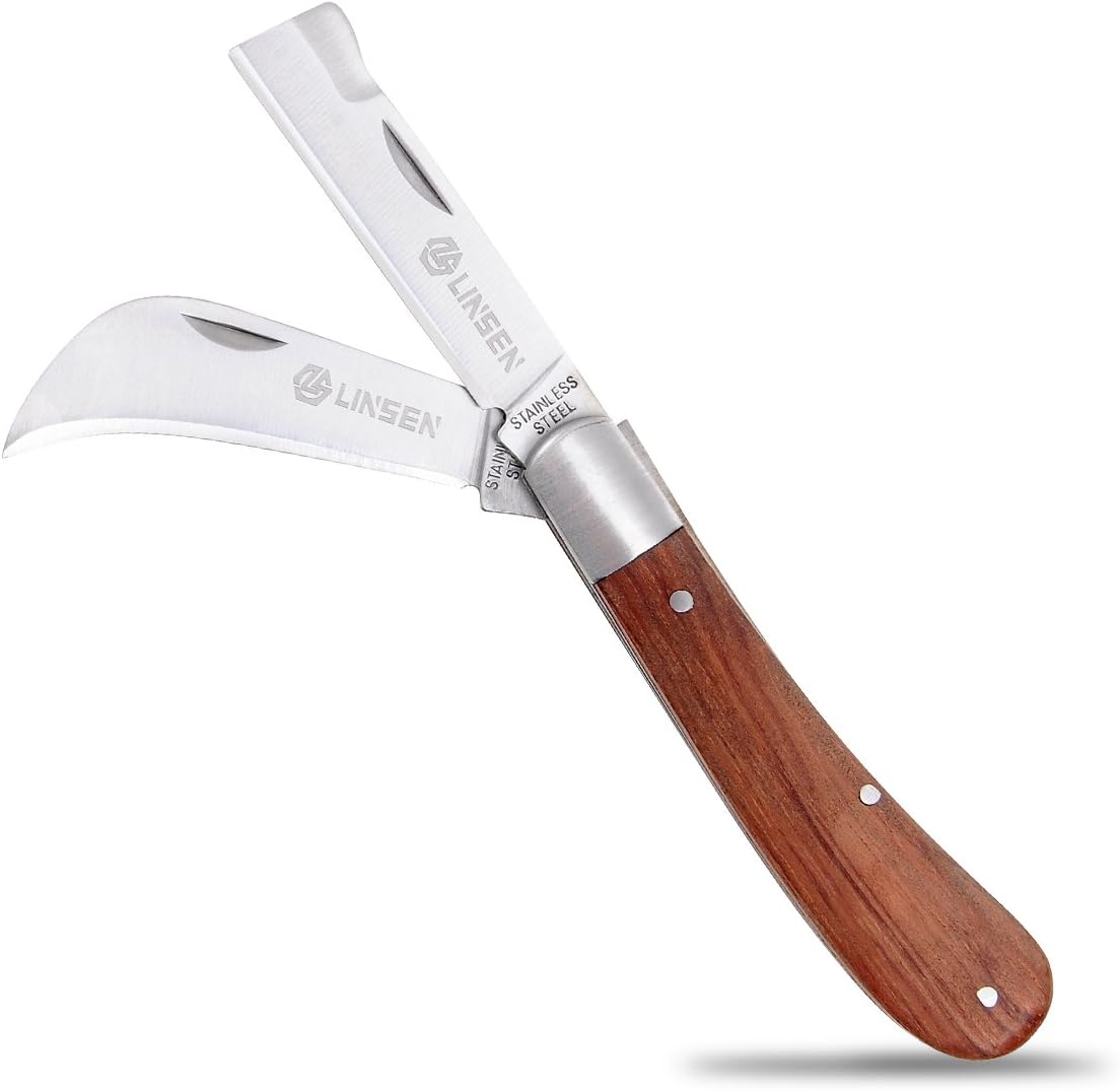 Pruning Knife, Double blade Grafting knife, Stainless Steel Garden Budding Knife, Linsen-outdoors Folding Pocket Knife For Grafting Multi Cutting Tool, Weed Bushes Branches Mushroom Diggig Knife