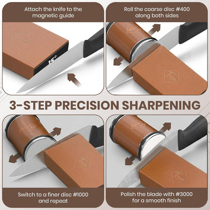 Rolling Knife Sharpener Kit with 5 Total Magnetic Snap-On Discs | 15° & 20° angle guide, 2x #400, 2x #1000, 1x #3000 discs (2 discs pre-installed), leather strop and microfiber cloth included