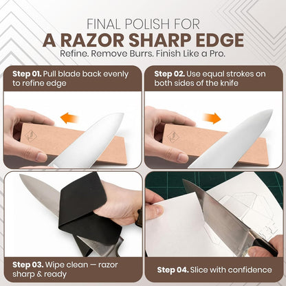 Rolling Knife Sharpener Kit with 5 Total Magnetic Snap-On Discs | 15° & 20° angle guide, 2x #400, 2x #1000, 1x #3000 discs (2 discs pre-installed), leather strop and microfiber cloth included
