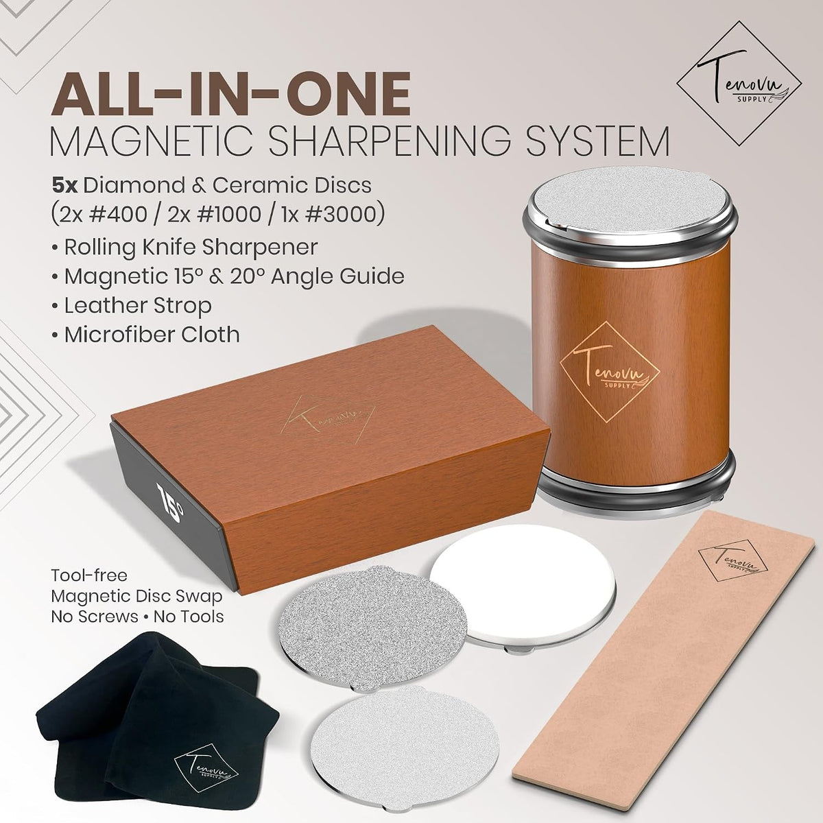 Rolling Knife Sharpener Kit with 5 Total Magnetic Snap-On Discs | 15° & 20° angle guide, 2x #400, 2x #1000, 1x #3000 discs (2 discs pre-installed), leather strop and microfiber cloth included