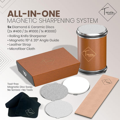 Rolling Knife Sharpener Kit with 5 Total Magnetic Snap-On Discs | 15° & 20° angle guide, 2x #400, 2x #1000, 1x #3000 discs (2 discs pre-installed), leather strop and microfiber cloth included