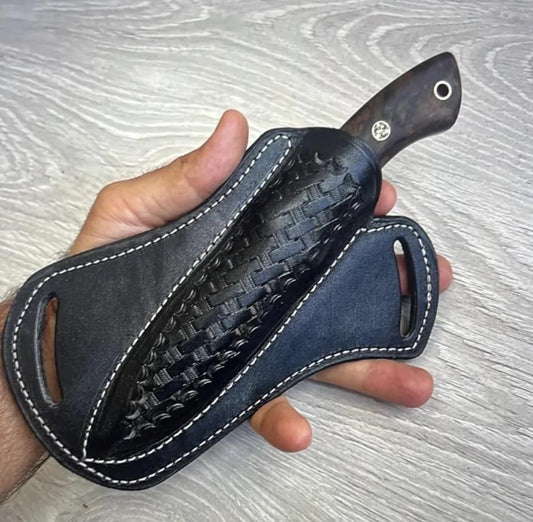 Handmade Leather Fixed Blade Knife Sheath for Belt, 5 inch BladeLength, 2 inch Width, Cross Draw Right Side Carry, Open Top, EDC Tools Holster (Black)