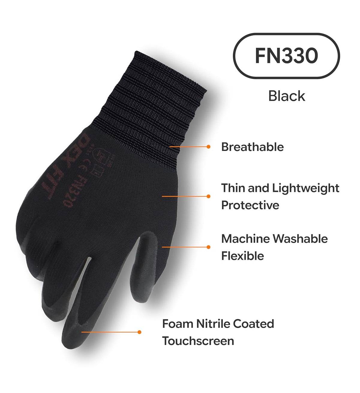 Nitrile Work Gloves FN330, 3D Comfort Fit, Touchscreen Grip Gloves for Warehouse, Construction, Package Handling, Delivery & General Work, Men & Women, Black, M, 3 Pairs