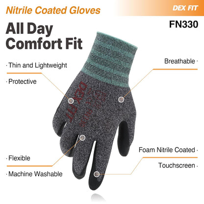 Nitrile Work Gloves FN330, 3D Comfort Fit, Touchscreen Grip Gloves for Warehouse, Construction, Package Handling, Delivery & General Work, Men & Women, Black, M, 3 Pairs