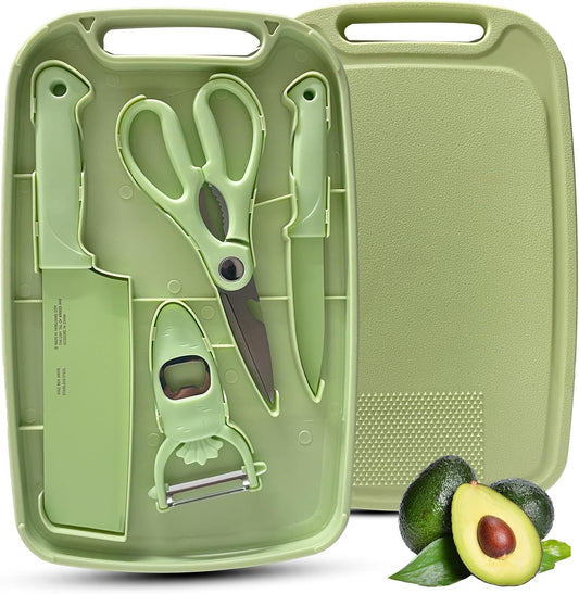 Knife and Cutting Board Set for Camping Travel College,Green | 5 In1 Travel Small Cutting Boards with a chef knife,a paring knife,a peeler and a scissors,stainless steel knife travel set