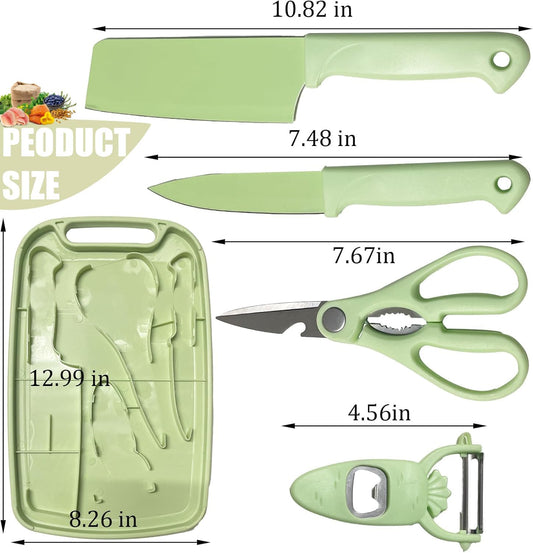 Knife and Cutting Board Set for Camping Travel College,Green | 5 In1 Travel Small Cutting Boards with a chef knife,a paring knife,a peeler and a scissors,stainless steel knife travel set