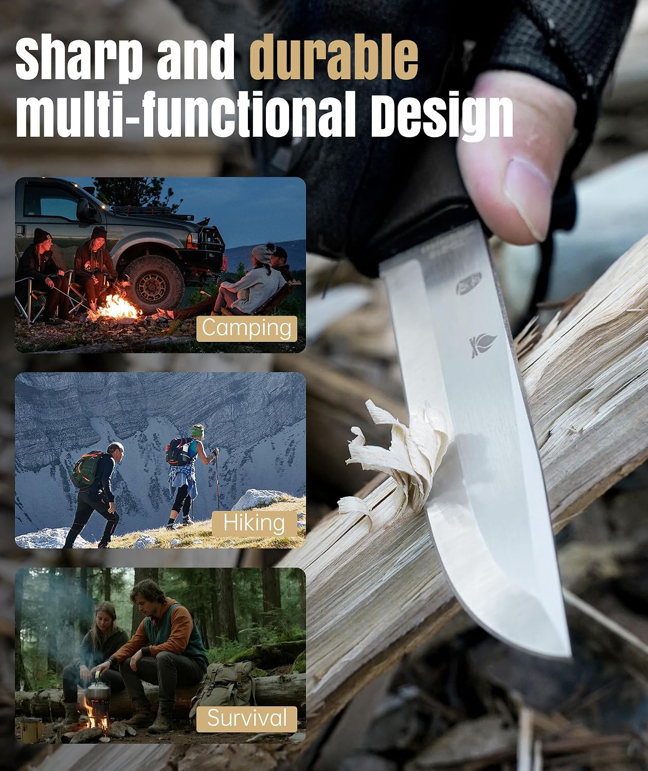 Fixed Blade Outdoor Knife with Sheath, 5Cr15 Stainless Steel Camping Knife for Hiking, Bushcraft and EDC, Lightweight at 92g