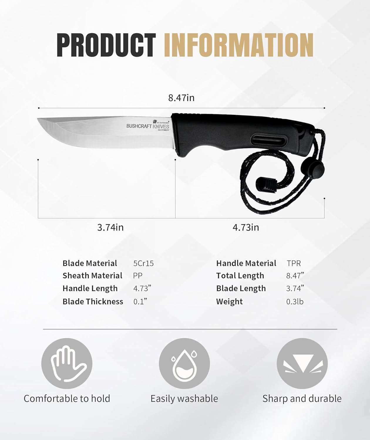 Fixed Blade Outdoor Knife with Sheath, 5Cr15 Stainless Steel Camping Knife for Hiking, Bushcraft and EDC, Lightweight at 92g