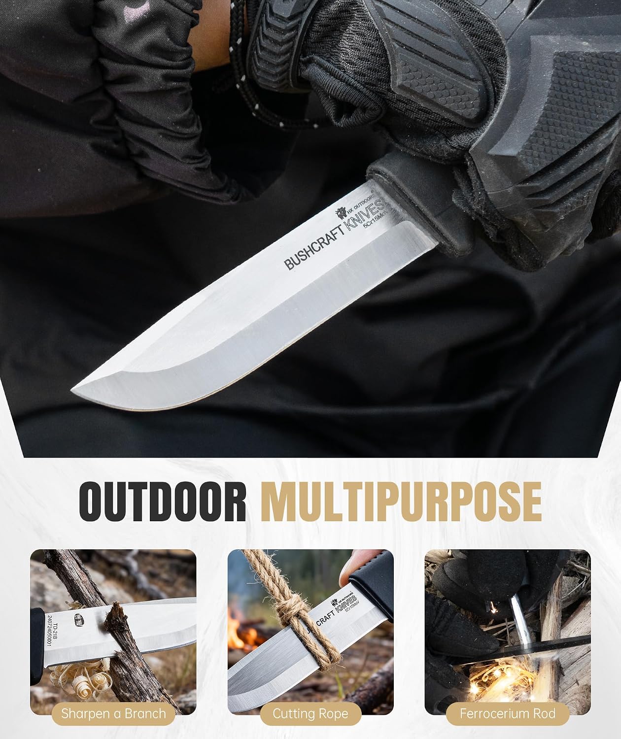 Fixed Blade Outdoor Knife with Sheath, 5Cr15 Stainless Steel Camping Knife for Hiking, Bushcraft and EDC, Lightweight at 92g