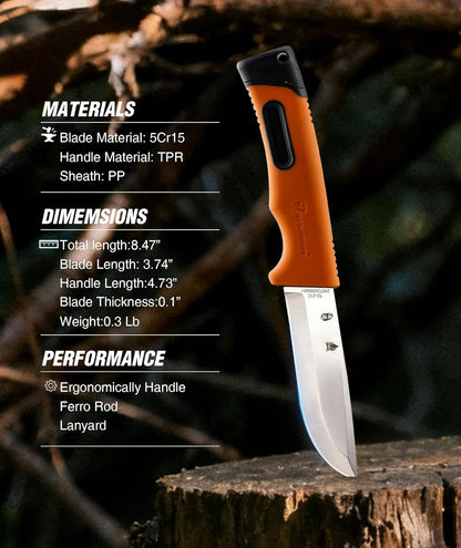 Fixed Blade Outdoor Knife with Sheath, 5Cr15 Stainless Steel Camping Knife for Hiking, Bushcraft and EDC, Lightweight at 92g