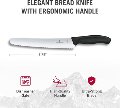 Swiss Classic Bread Knife - Serrated Kitchen Knife for Home Essentials - Perfect for Cutting Bread, Fruit & Vegetables - Black Handle, Serrated Edge, 8.5"