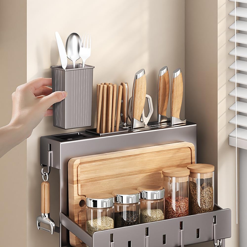 Multifunctional Wall-Mounted Knife Holder Kitchen Utensils Holder Spice Storage Organizer Rack for Knives, Spoons, Chopsticks, Towels, Pot Lids, Spice Jars (Grey)