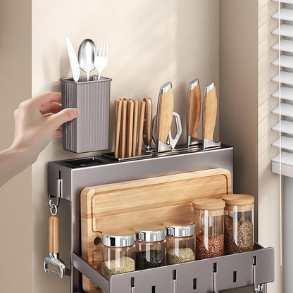 Multifunctional Wall-Mounted Knife Holder Kitchen Utensils Holder Spice Storage Organizer Rack for Knives, Spoons, Chopsticks, Towels, Pot Lids, Spice Jars (Grey)