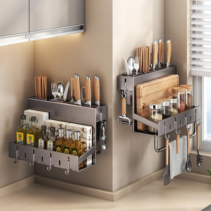 Multifunctional Wall-Mounted Knife Holder Kitchen Utensils Holder Spice Storage Organizer Rack for Knives, Spoons, Chopsticks, Towels, Pot Lids, Spice Jars (Grey)
