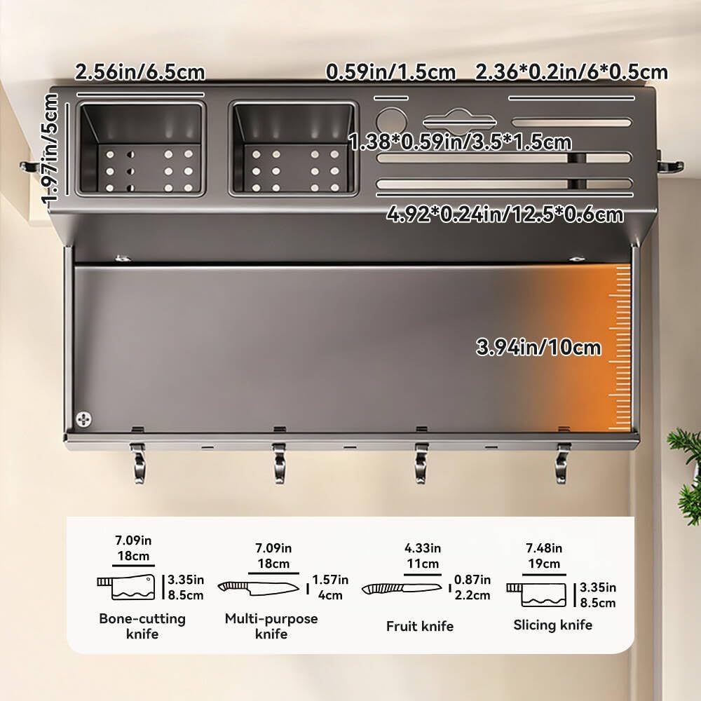 Multifunctional Wall-Mounted Knife Holder Kitchen Utensils Holder Spice Storage Organizer Rack for Knives, Spoons, Chopsticks, Towels, Pot Lids, Spice Jars (Grey)