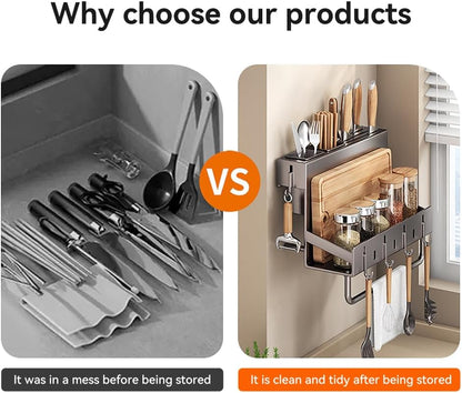 Multifunctional Wall-Mounted Knife Holder Kitchen Utensils Holder Spice Storage Organizer Rack for Knives, Spoons, Chopsticks, Towels, Pot Lids, Spice Jars (Grey)