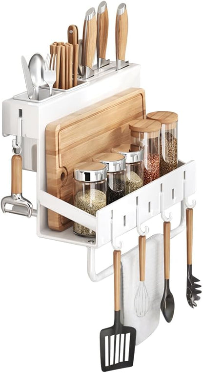 Multifunctional Wall-Mounted Knife Holder Kitchen Utensils Holder Spice Storage Organizer Rack for Knives, Spoons, Chopsticks, Towels, Pot Lids, Spice Jars (Grey)