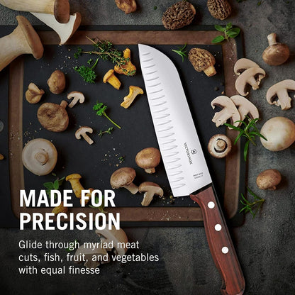 Wood 7-Inch Santoku Knife, Granton Blade, Wood Handle