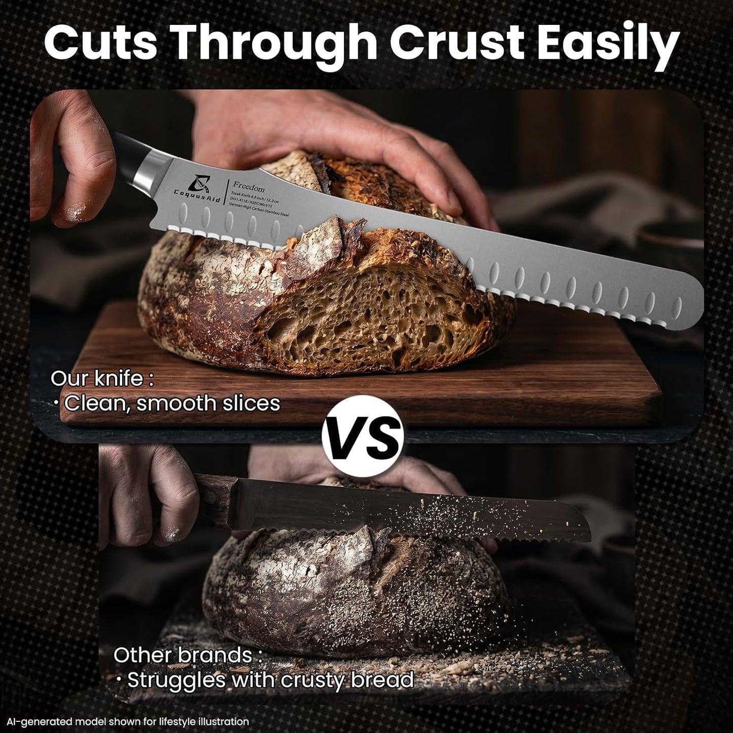 Bread Knife for Homemade Bread, 9 Inch Multifunction Serrated Knife, Razor Sharp Slicer, High Carbon German Steel Bread Cutter, Ergonomic Handle Design for Sourdough Turkey Fruit Cutting