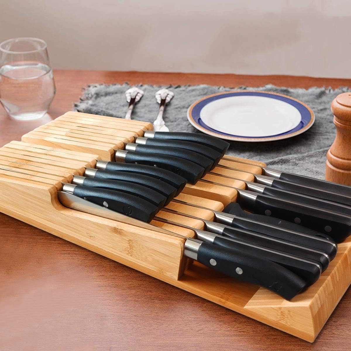 Bamboo In-Drawer Knife Block Set for 16 Knives(Not Included), Large Kitchen Detachable Washable Cutlery Slot Organizer Storage Holder for Sharpening Steel and Cutter