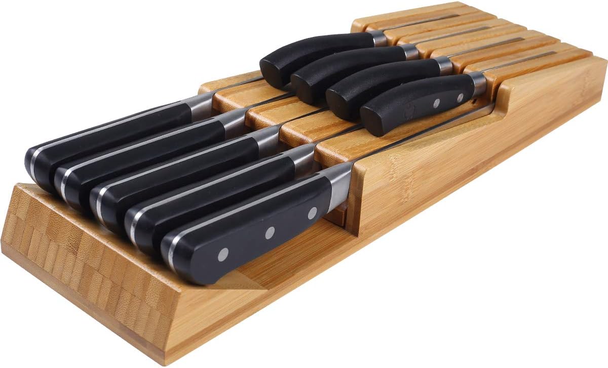 Bamboo In-Drawer Knife Block Set for 16 Knives(Not Included), Large Kitchen Detachable Washable Cutlery Slot Organizer Storage Holder for Sharpening Steel and Cutter