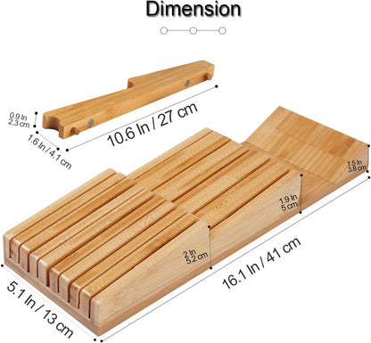 Bamboo In-Drawer Knife Block Set for 16 Knives(Not Included), Large Kitchen Detachable Washable Cutlery Slot Organizer Storage Holder for Sharpening Steel and Cutter