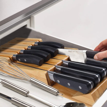 Bamboo In-Drawer Knife Block Set for 16 Knives(Not Included), Large Kitchen Detachable Washable Cutlery Slot Organizer Storage Holder for Sharpening Steel and Cutter