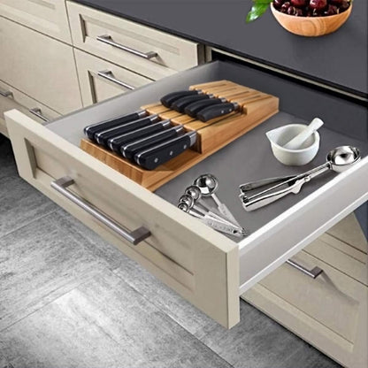 Bamboo In-Drawer Knife Block Set for 16 Knives(Not Included), Large Kitchen Detachable Washable Cutlery Slot Organizer Storage Holder for Sharpening Steel and Cutter