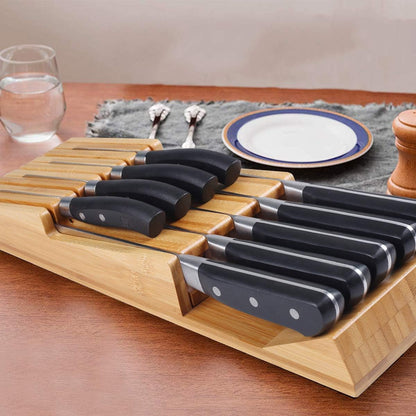 Bamboo In-Drawer Knife Block Set for 16 Knives(Not Included), Large Kitchen Detachable Washable Cutlery Slot Organizer Storage Holder for Sharpening Steel and Cutter