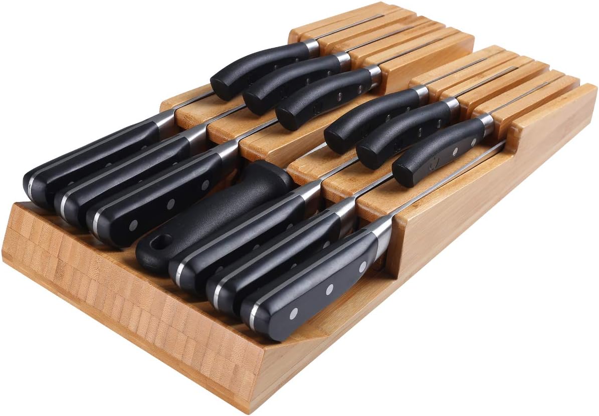 Bamboo In-Drawer Knife Block Set for 16 Knives(Not Included), Large Kitchen Detachable Washable Cutlery Slot Organizer Storage Holder for Sharpening Steel and Cutter