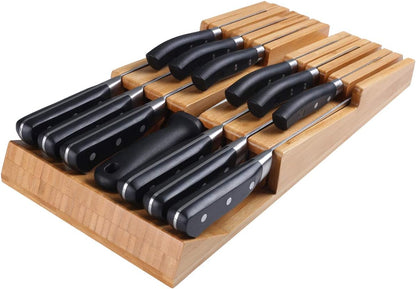 Bamboo In-Drawer Knife Block Set for 16 Knives(Not Included), Large Kitchen Detachable Washable Cutlery Slot Organizer Storage Holder for Sharpening Steel and Cutter
