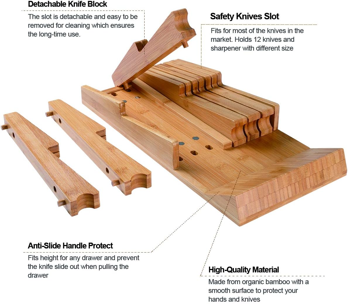 Bamboo In-Drawer Knife Block Set for 16 Knives(Not Included), Large Kitchen Detachable Washable Cutlery Slot Organizer Storage Holder for Sharpening Steel and Cutter