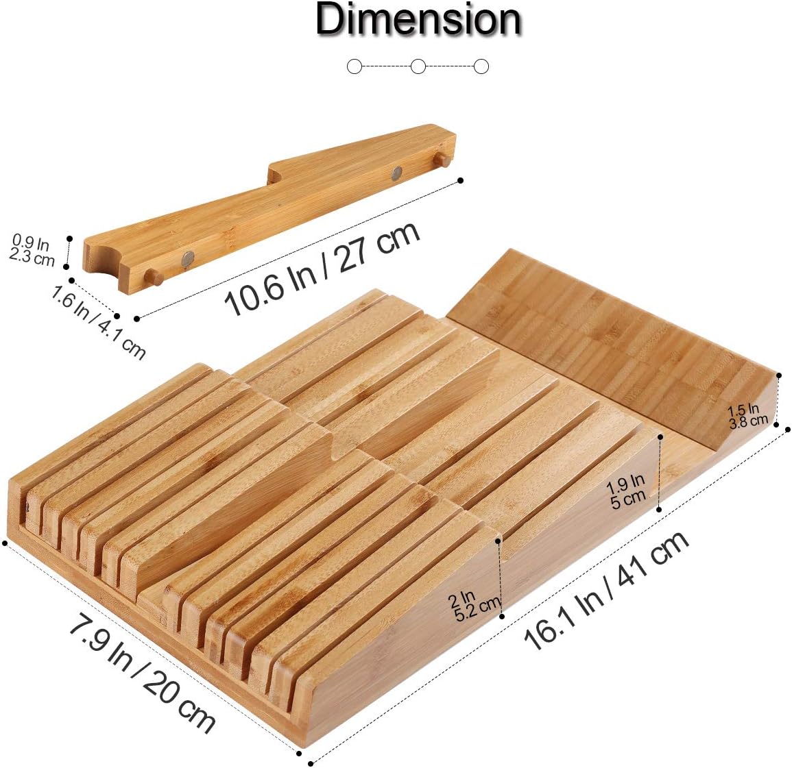 Bamboo In-Drawer Knife Block Set for 16 Knives(Not Included), Large Kitchen Detachable Washable Cutlery Slot Organizer Storage Holder for Sharpening Steel and Cutter