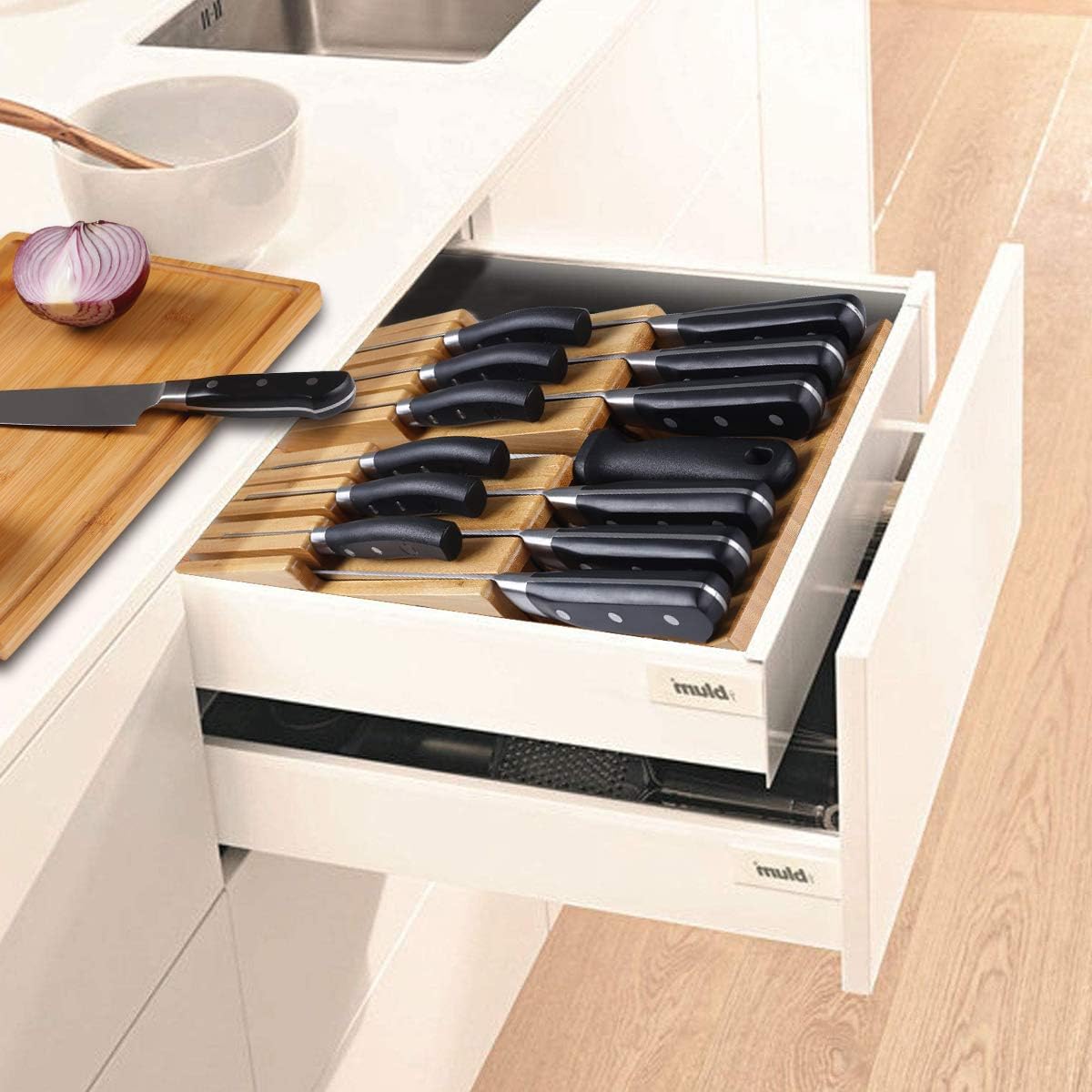 Bamboo In-Drawer Knife Block Set for 16 Knives(Not Included), Large Kitchen Detachable Washable Cutlery Slot Organizer Storage Holder for Sharpening Steel and Cutter