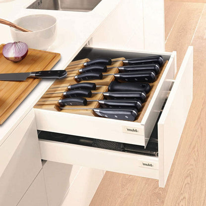 Bamboo In-Drawer Knife Block Set for 16 Knives(Not Included), Large Kitchen Detachable Washable Cutlery Slot Organizer Storage Holder for Sharpening Steel and Cutter