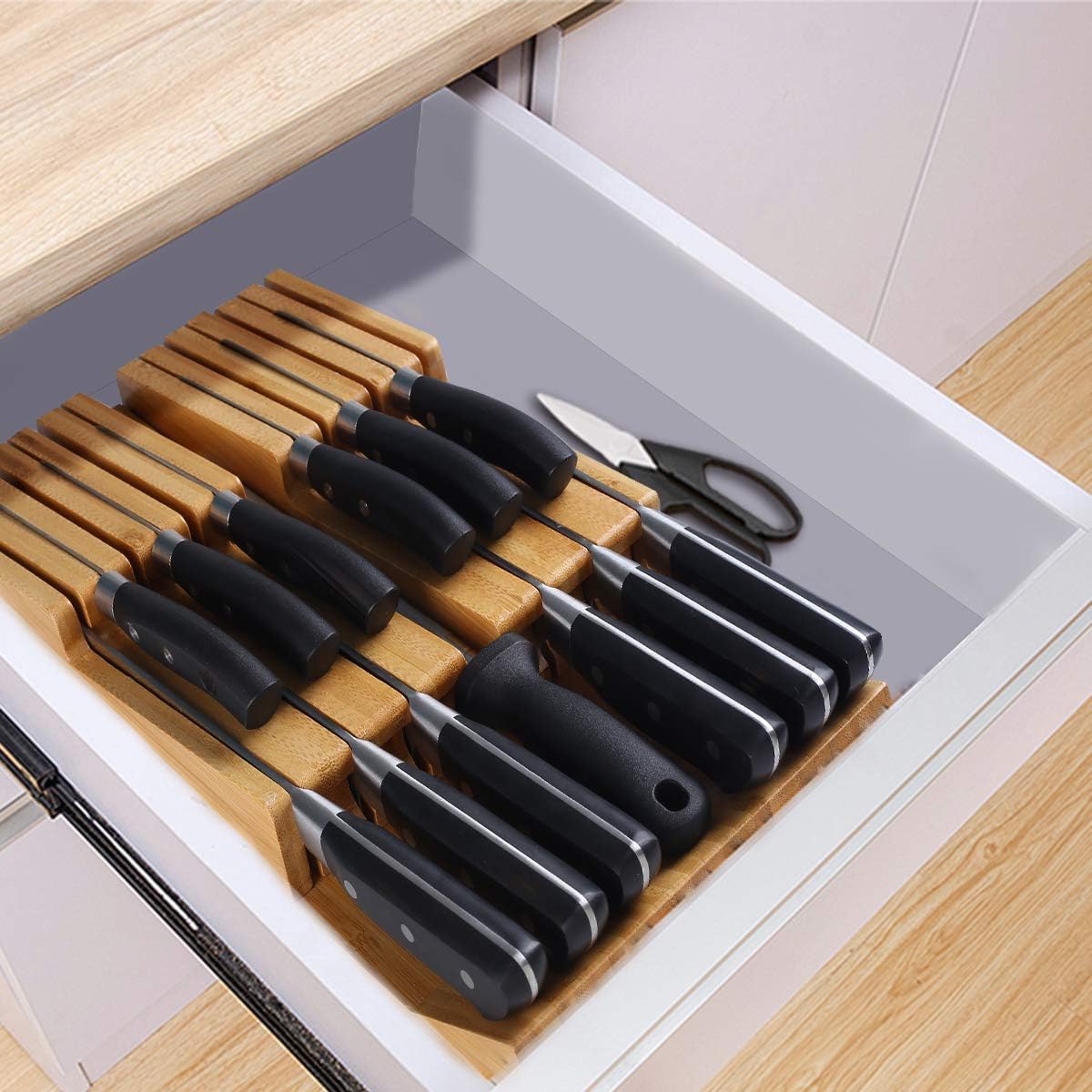Bamboo In-Drawer Knife Block Set for 16 Knives(Not Included), Large Kitchen Detachable Washable Cutlery Slot Organizer Storage Holder for Sharpening Steel and Cutter